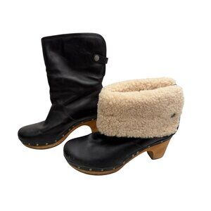 UGG Australia Lynnea Black Leather Shearling-Lined Heeled Clog Boots Size 6